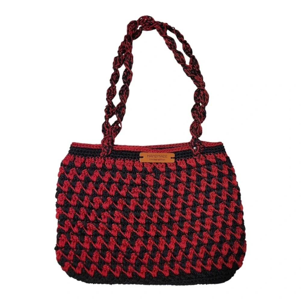 Handmade Limited Edition Crochet Tote Bag Red Black Boho Woven Cord